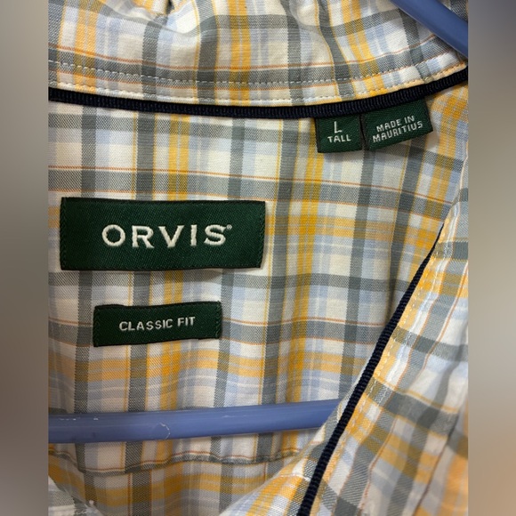 Orvis Shirt Mens Large TALL Classic Fit Wrinkle Free Plaid Two Yellow Blue - Picture 13 of 16